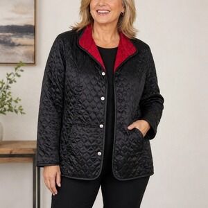 Chico's Quilted Satin Jacket Black Red Button Front XL Lightweight